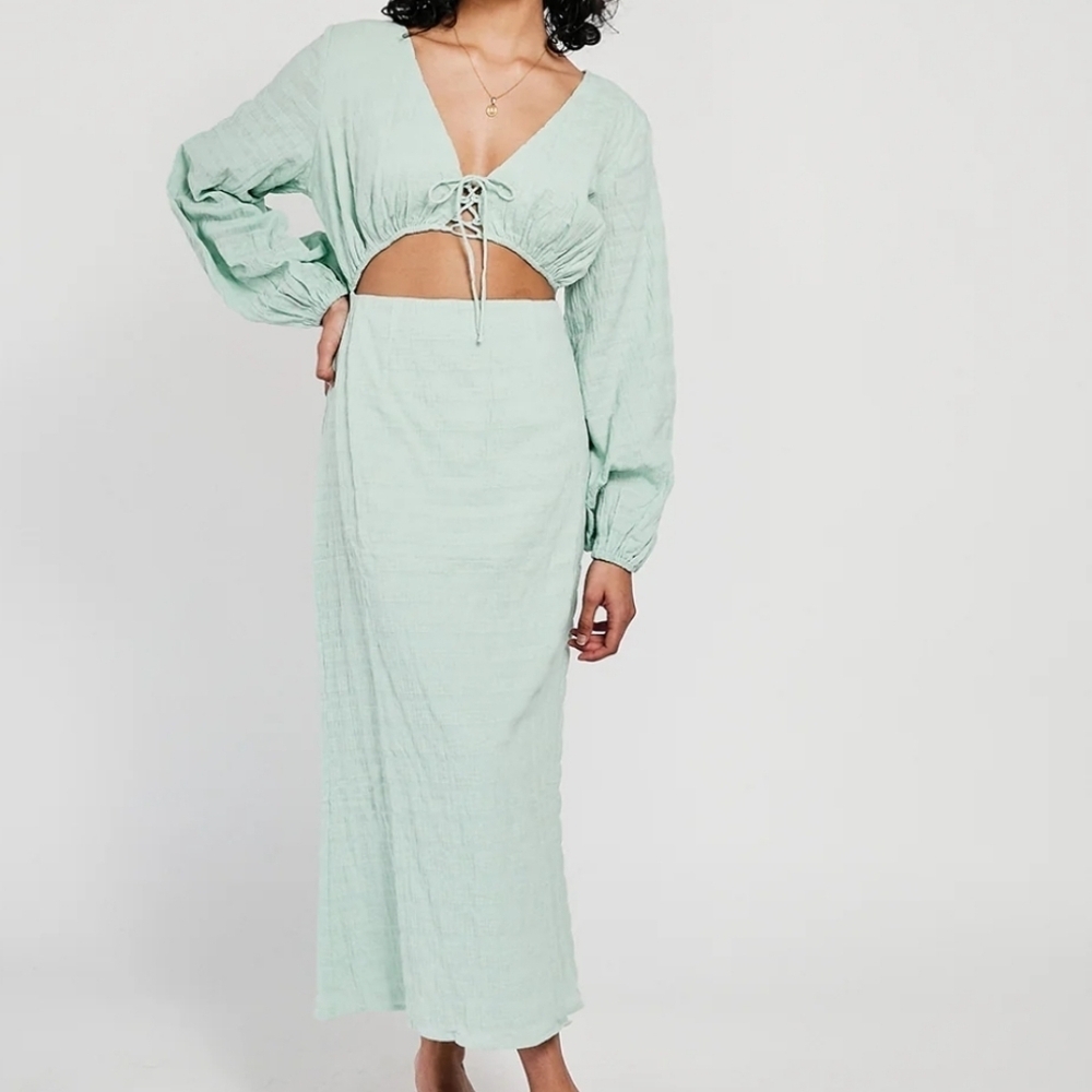Sabo Lula Cut Out Midi Dress Sage Green XS (2) Lace Up Front Resort Euro Summer